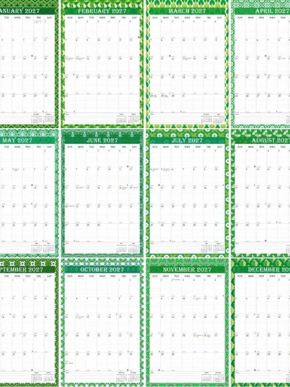2027 Wall Calendar Spiral-bound Twin-Wire Binding - 12 Months 8.5